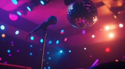 A stage with a microphone and disco ball under colorful spotlights ready for a show
