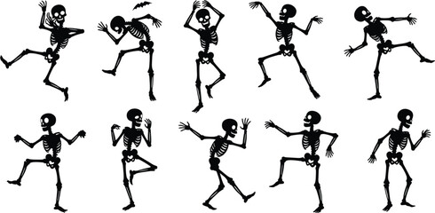 Dancing skeletons silhouettes, spooky halloween characters, funny skeleton dance poses, horror theme art, creepy festive decoration, halloween vector illustration design