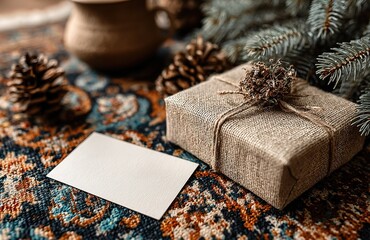Blank white card with Christmas gift and pine branches on retro patterned wallpaper, flat lay composition for holiday greeting design