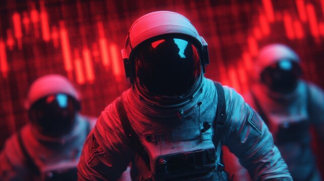 A futuristic scene featuring astronauts in space suits with a backdrop of red digital data patterns. - Powered by Adobe