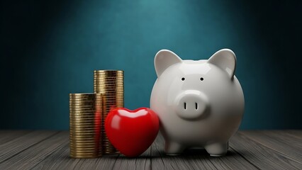 Piggy bank, gold coins, and red heart on wood, symbolizing financial saving, investment, and nurturing cherished values with love and care for a secure future