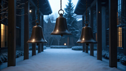 Obraz premium Christmas bells hang in dark snowy courtyard creating weird and scary atmosphere with soft winter light and mysterious shadows