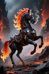 Naklejka premium A corrupted inferno horse sculpture, obsidian armor fused with fire, rearing, surrounded by ember particles.
