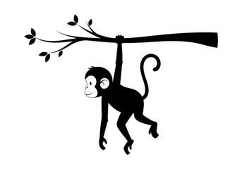 Cute monkey hanging on a branch isolated on transparent background for kids design, stickers, and jungle themes