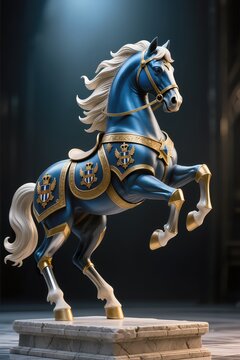 Alliance-style armored horse sculpture, blue-and-gold heavy armor, rearing pose, heroic fantasy lighting.