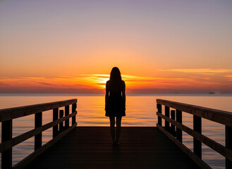 Solitary woman on pier gazing at vibrant ocean sunset horizon