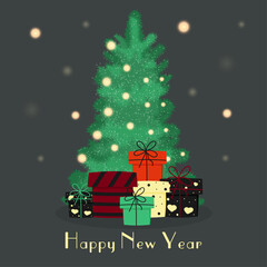 Cute Christmas tree surrounded by gifts. The new Year 2026 is the Year of the Horse. Chinese New Year