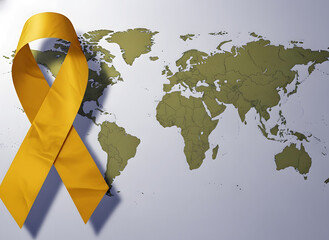 Yellow ribbon global support and awareness symbol on world map