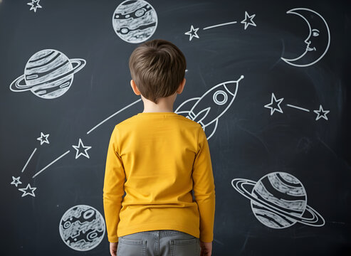 Young boy contemplating space drawings on a school chalkboard