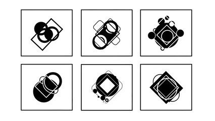 A collection of six abstract geometric designs featuring circles and squares within square frames