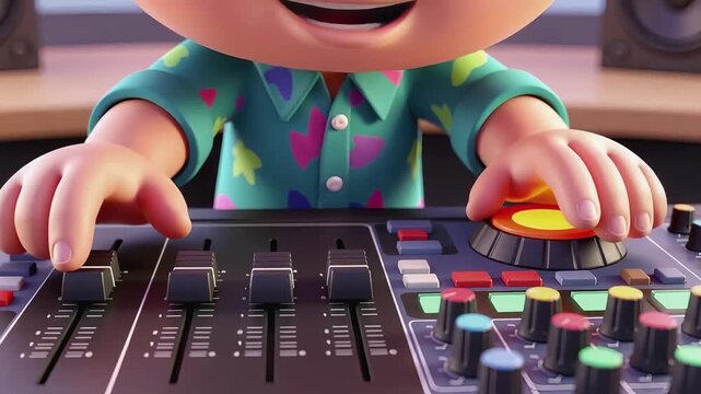 Animated character joyfully operating an audio mixing console, passionately creating music and engaging with sound engineering technology in a vibrant studio setting