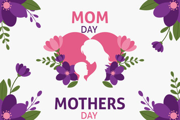 Beautiful Mother's Day vector illustration featuring mother and child silhouette surrounded by purple and pink flowers.