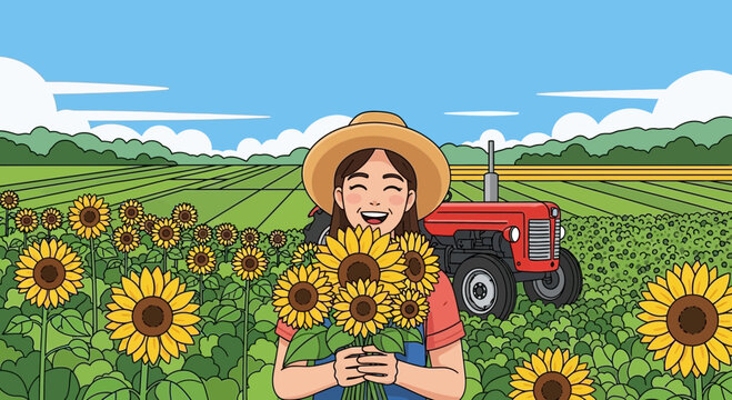 Illustration of a happy farmer girl holding sunflowers in a sunflower field