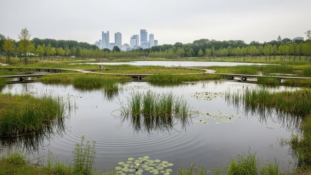 Serene urban park wetland with a winding wooden boardwalk over a tranquil pond contrasting with a modern city skyline under an overcast sky in the distance.