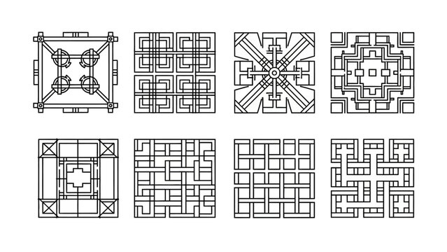 Collection of unique geometric patterns inspired by architectural design elements