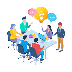 Diverse team brainstorming innovative ideas with speech bubbles in a bright, modern workspace for a dynamic, inclusive business meeting
