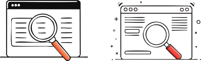 Cute doodle browser window illustration showing magnifying glass searching online content with playful minimalist styling