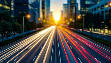 Naklejka premium Highway traffic scene at sunset, with streaks of light from moving vehicles creating a dynamic atmosphere, showcasing urban life and the concept of traffic congestion