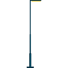 Tall dark blue street lamp post with a yellow light at the top against a pure white background symbolizing illumination and modern urban infrastructure