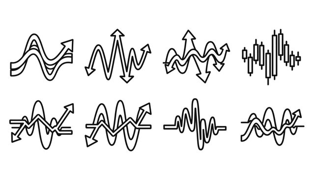 Diverse line art graphs depicting trends of increase decrease and fluctuation showing financial