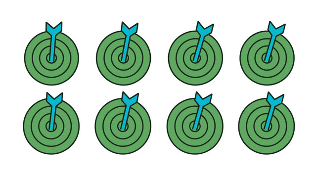 Eight cartoon style green target boards with blue arrows symbolizing successful goal achievement