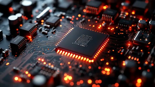 Close-up of a glowing circuit board with microchips