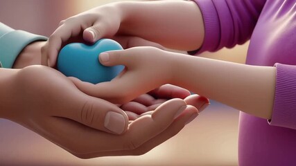 A profound symbolic gesture of giving, a vibrant blue heart tenderly passed from an adult's hands to a child's, representing shared love, compassionate care, and human connection