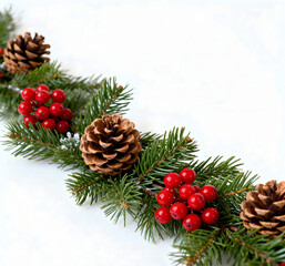 Christmas Pinecone and Red Berries with Evergreen Branches
