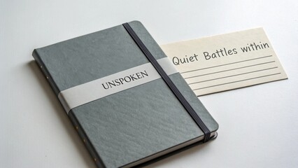 Flat Lay of Closed Grey Notebook With Blank Label on White Surface