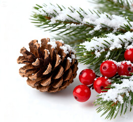 “Snowy Christmas Pine Branches with Pinecones and Red Berries – Winter Holiday Border”