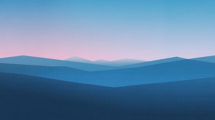 Layered blue mountain range silhouette against a soft pink and blue sky