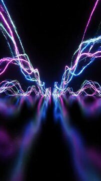 Dynamic stream of vibrant digital neon wave lines flowing across a dark reflective surface creating an endless landscape effect cyberspace, bright, wave lines flowing