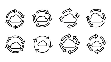 Illustration of cloud computing icons representing synchronization and data flow process