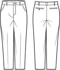 Women's high-waist classic straight-leg trousers fashion illustration technical CAD drawing flat vector template for garment design and apparel presentation, front and back.