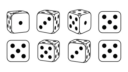 Illustration of White Dice with Black Spots Representing Different Numbers