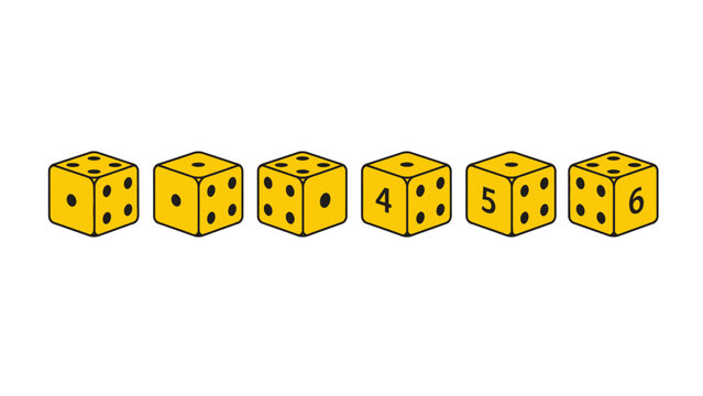 Illustration of six yellow dice showing numbers one to six lined up neatly in a row