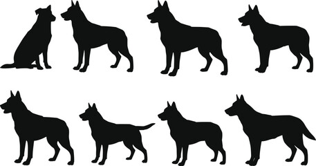 Dog silhouettes, German Shepherd poses, canine illustration, pet artwork, animal design, sitting dog, standing dog, dog collection, domestic animals, silhouette art