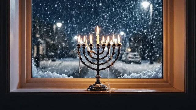Menorah with Burning Candles on a Snowy Winter Night.