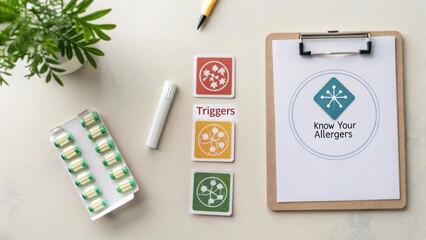 Flat Lay of Color Coded Allergen Icons Surrounding Medical Alert Card