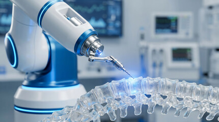 Robotic Surgical Arm Precisely Drills a Transparent Human Spine Model, Showcasing Advanced Medical Technology in a Futuristic Lab