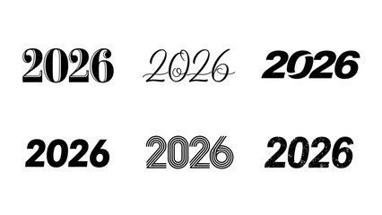 Set of six different stylized designs showcasing the year 2026 in black and white