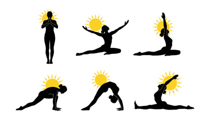 Silhouette yoga poses with sun illustration offering peace and healthy lifestyle tips for