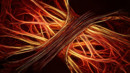 Abstract Glowing Red and Orange Fibers Intertwined, a Dynamic Energy Flow Creating an Intricate Pattern on a Dark Background