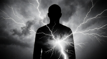 Intense Lightning Bursts from a Man's Silhouette, Unleashing Powerful Energy Against a Dramatic Stormy Sky.