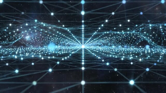 Abstract data visualization of a digital network, with interconnected dots and lines, representing a complex data flow with a futuristic atmosphere