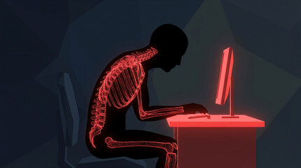 Poor Posture, a Person Working on a Computer with a Glowing Red Skeleton, Illustrating Back Pain and Health Risks in a Dimly Lit Office