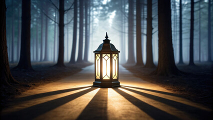 Christmas lantern glows in dark forest creating weird and scary atmosphere with mysterious shadows and enchanting light