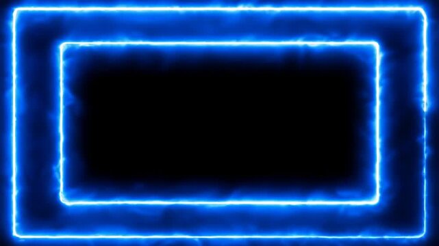 Two concentric blue neon rectangles glow against a black background. The outer frame is thicker. The light has a slightly smoky edge