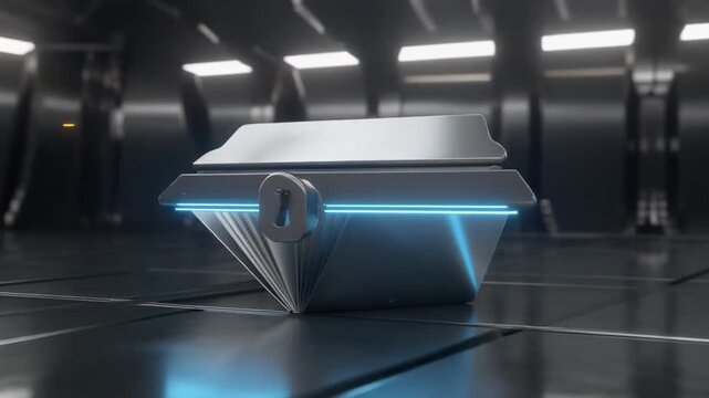 A futuristic metallic hexagonal container with glowing blue lines and a padlock symbol in a sleek environment.