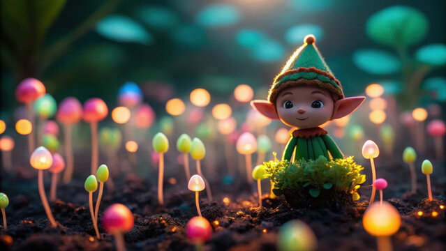 Christmas magic glows in weird dark forest as cute elf stands among scary colorful mushrooms creating whimsical scene